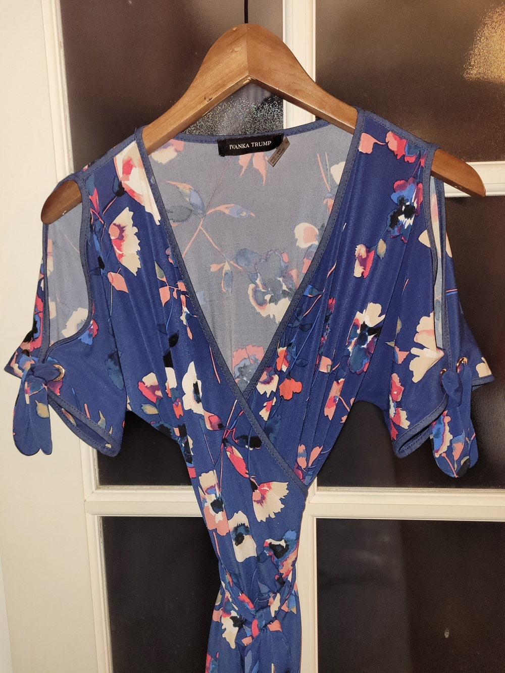 Ivanka Trump Blue Floral Cold-Shoulder Wrap Blouse